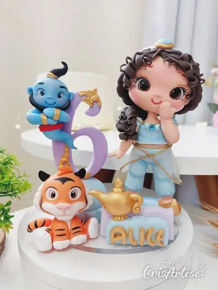 Topo de Bolo Vela Aladdin Jasmine em Biscuit