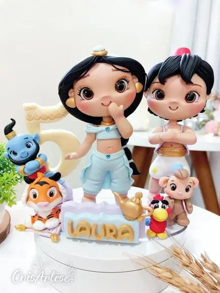 Topo de Bolo Vela Aladdin Jasmine em Biscuit