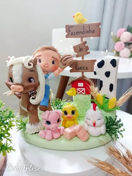 Topo de Bolo Vela Biscuit Fazendinha Menino