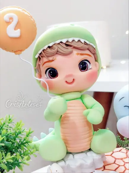 Vela Topo de Bolo Dinossauro Baby em Biscuit