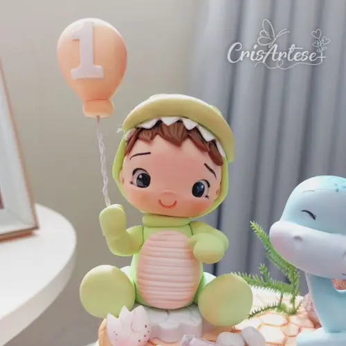 Vela Topo de Bolo Dinossauro Baby em Biscuit