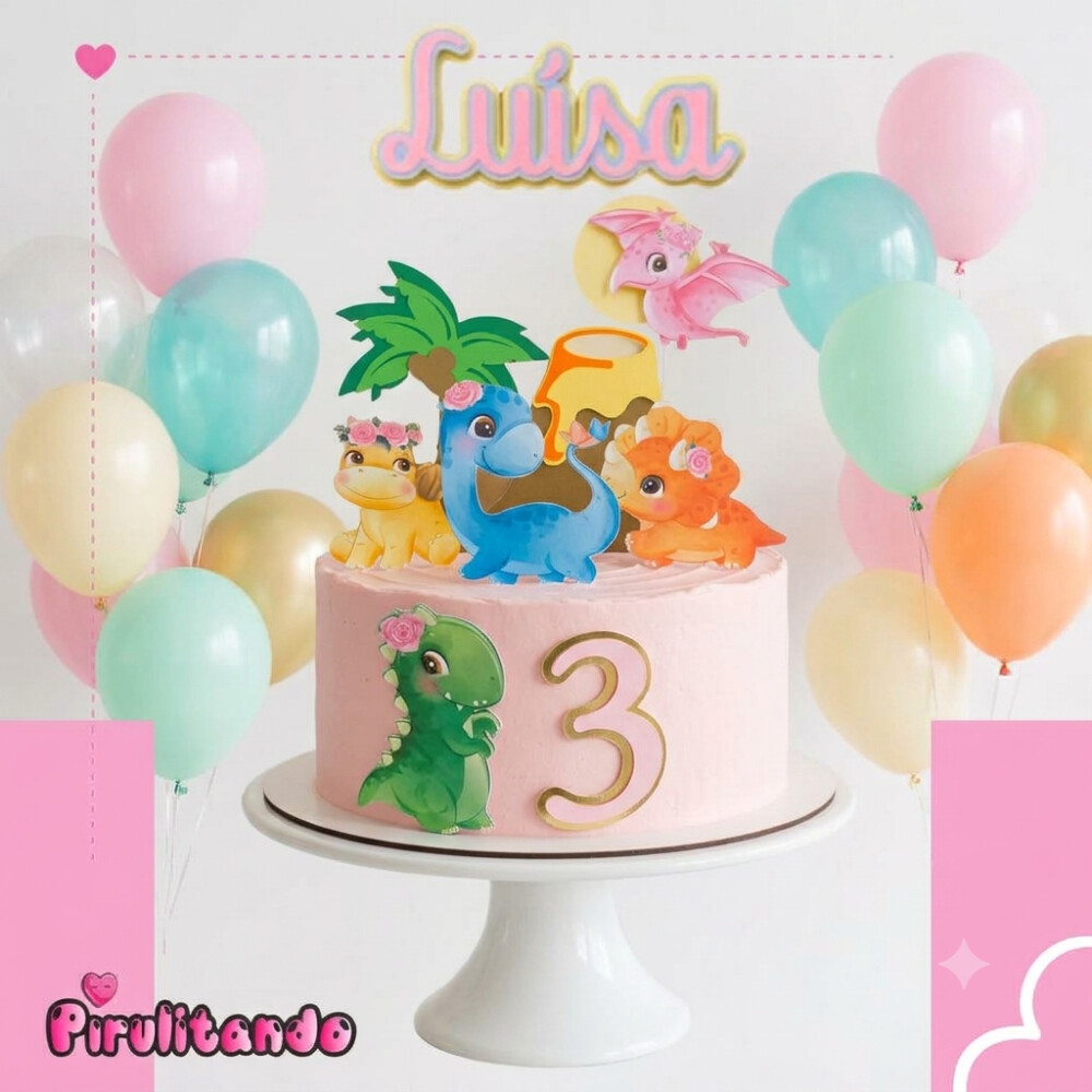 Topo de Bolo Dinossauro Baby Menina
