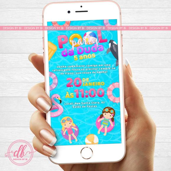 Convite Festa na Piscina Poolparty Menina Virtual Whatsapp