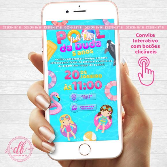 Convite Festa na Piscina Poolparty Menina Virtual Whatsapp
