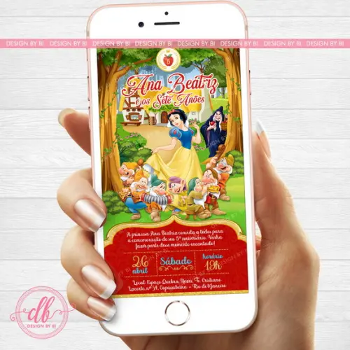 Convite Branca de Neve Digital Virtual Whatsapp