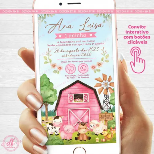 Convite Fazendinha Menina Aquarela Virtual Interativo