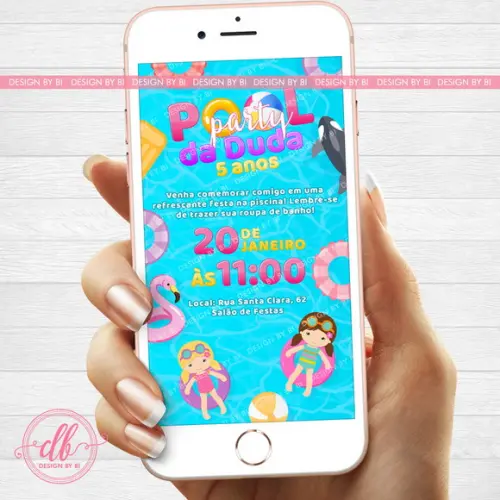 Convite Festa na Piscina Poolparty Menina Virtual Whatsapp