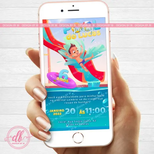 Convite Festa na Piscina Poolparty Menino Virtual Whatsapp
