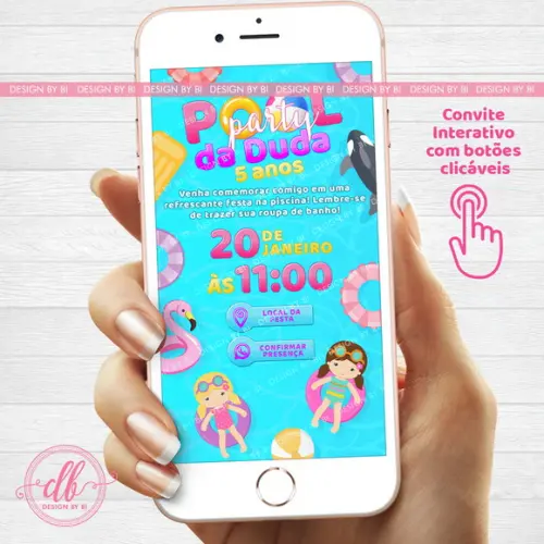 Convite Festa na Piscina Poolparty Menina Virtual Whatsapp