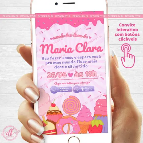 Convite Mundo dos Doces Interativo Digital Virtual Whatsapp