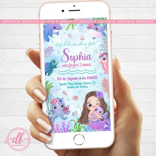 Convite Sereia Fundo do Mar Cute Digital Virtual