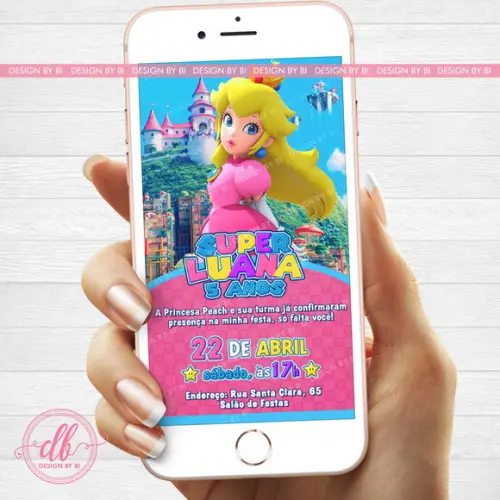Convite Super Mario Princesa Peach Digital Virtual Whatsapp