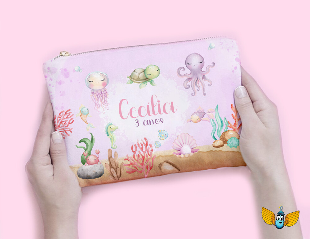 Necessaire Personalizada Fundo do Mar Rosa | Lembrancinha Festa I