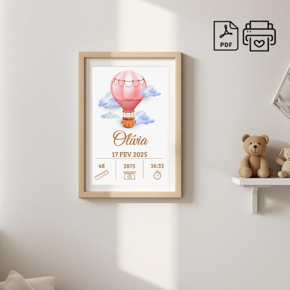 Quadro de Nascimento Personalizado Olívia - Balão Menina Arquiv