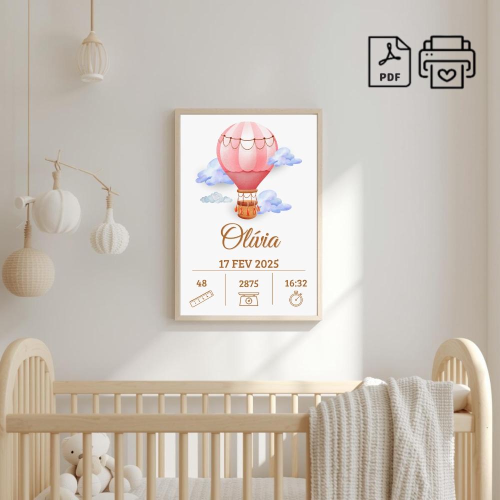 Quadro de Nascimento Personalizado Olívia - Balão Menina Arquiv