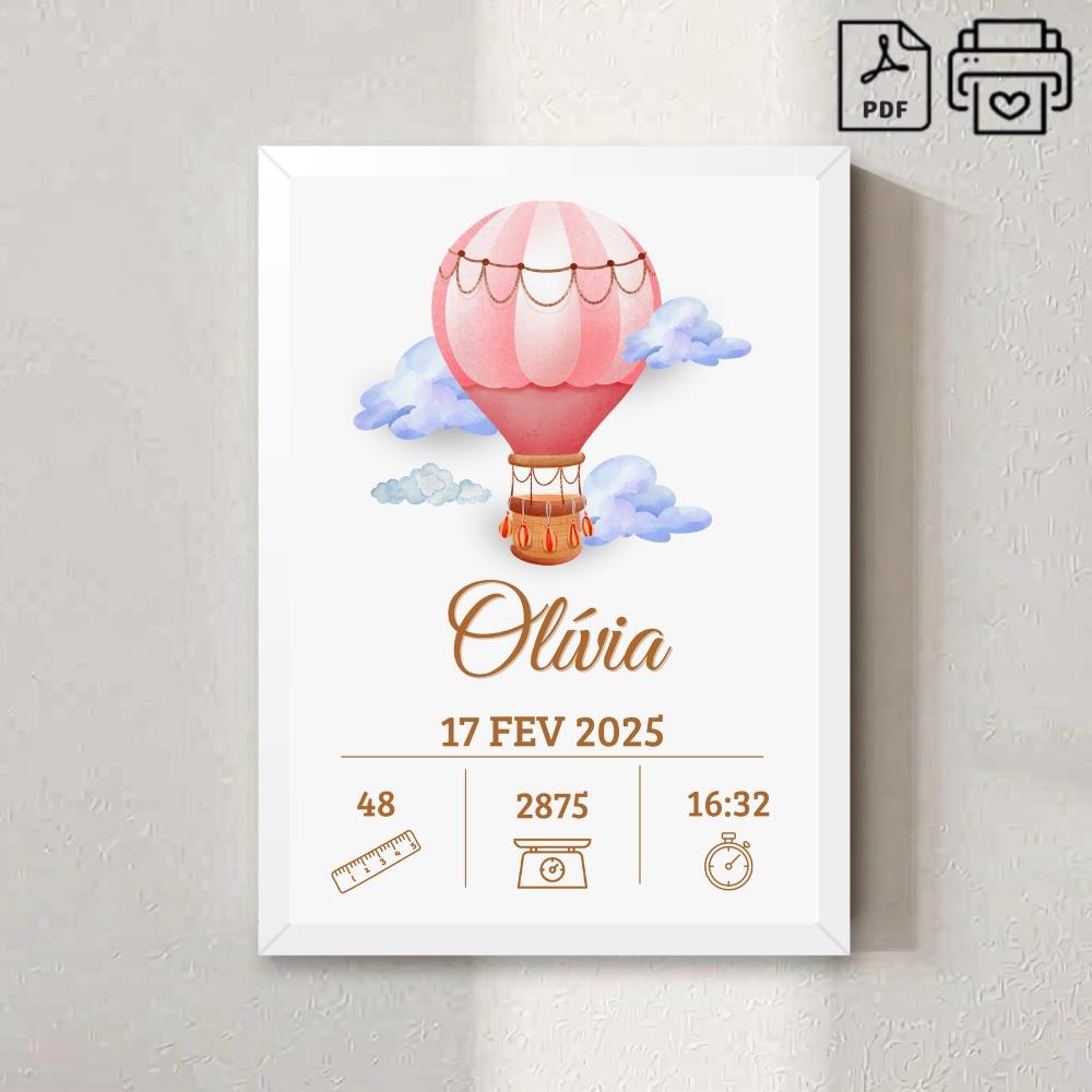 Quadro de Nascimento Personalizado Olívia - Balão Menina Arquiv