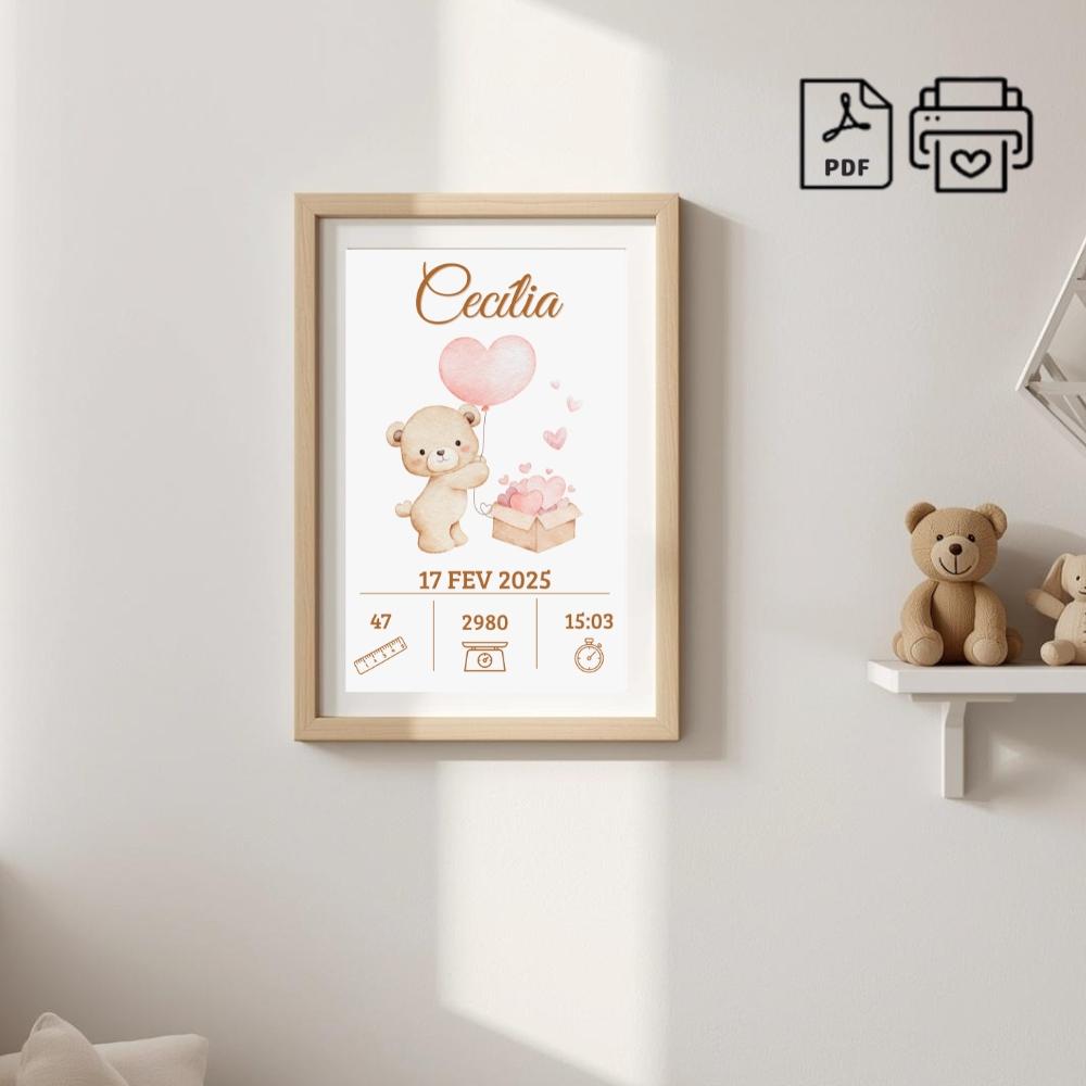 Quadro de Nascimento Personalizado Cecília - Ursinha Arquivo Dig