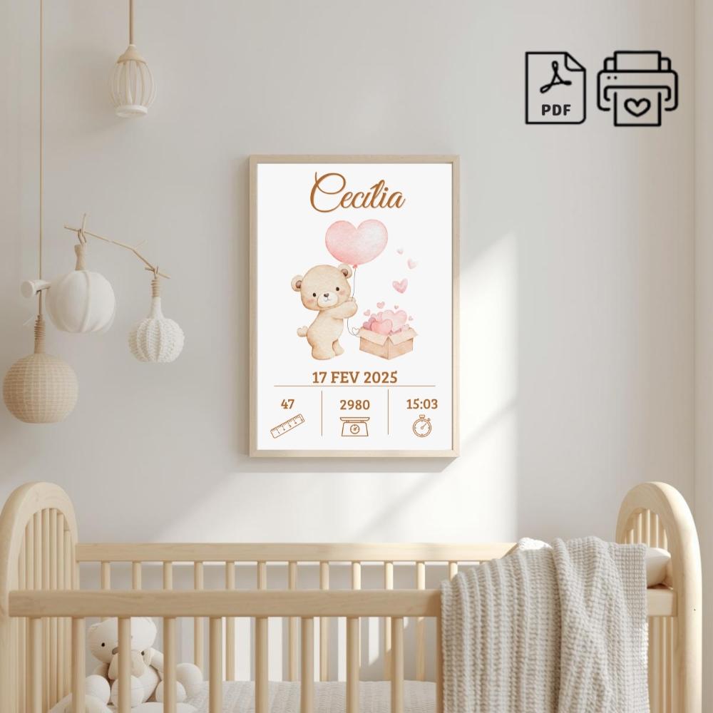 Quadro de Nascimento Personalizado Cecília - Ursinha Arquivo Dig
