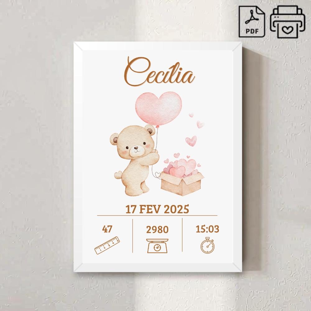 Quadro de Nascimento Personalizado Cecília - Ursinha Arquivo Dig