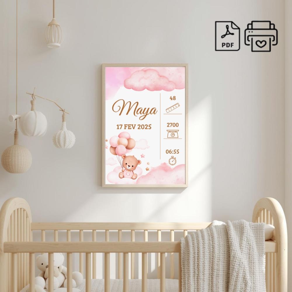 Quadro de Nascimento Personalizado Maya - Ursinha Balão Arquivo 