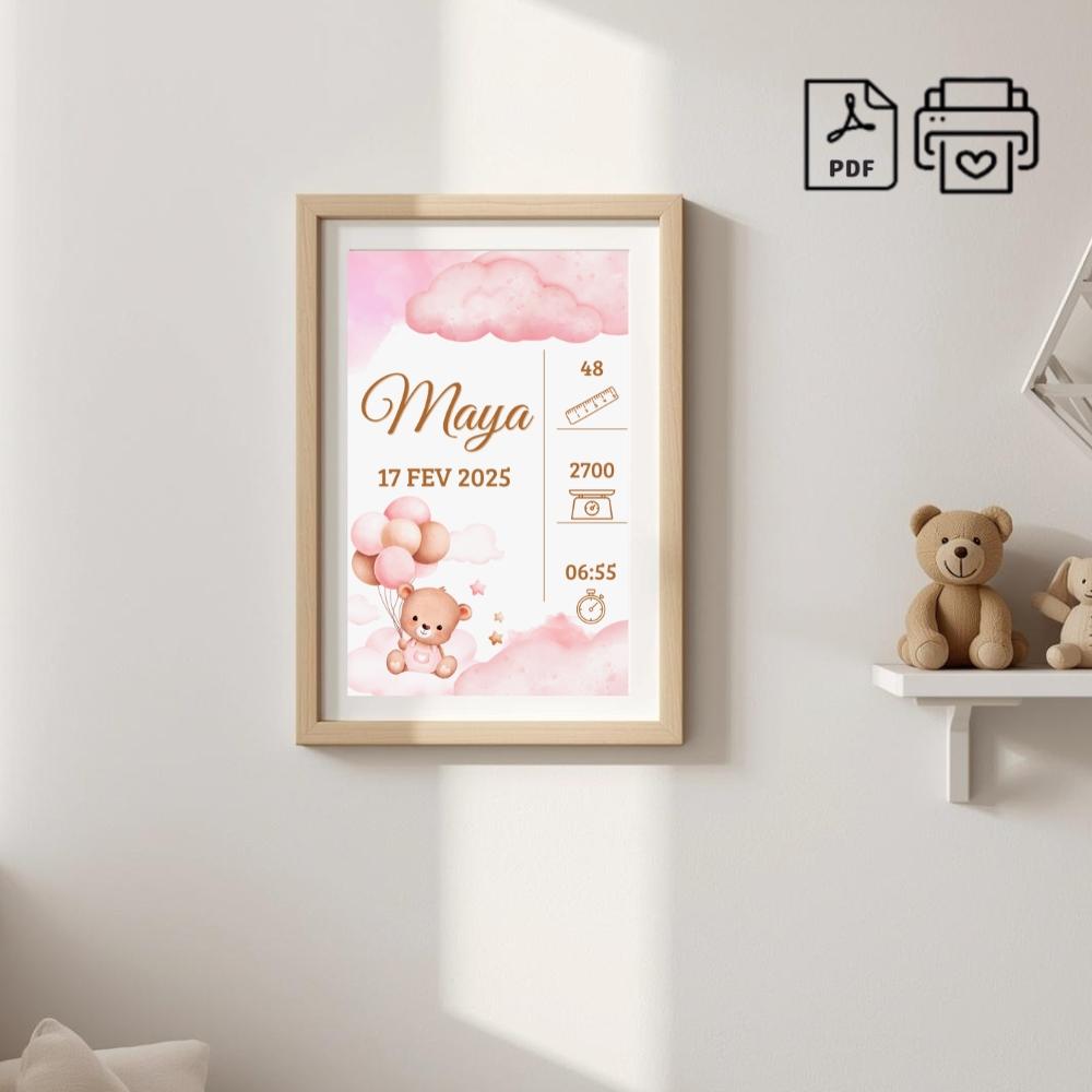 Quadro de Nascimento Personalizado Maya - Ursinha Balão Arquivo 