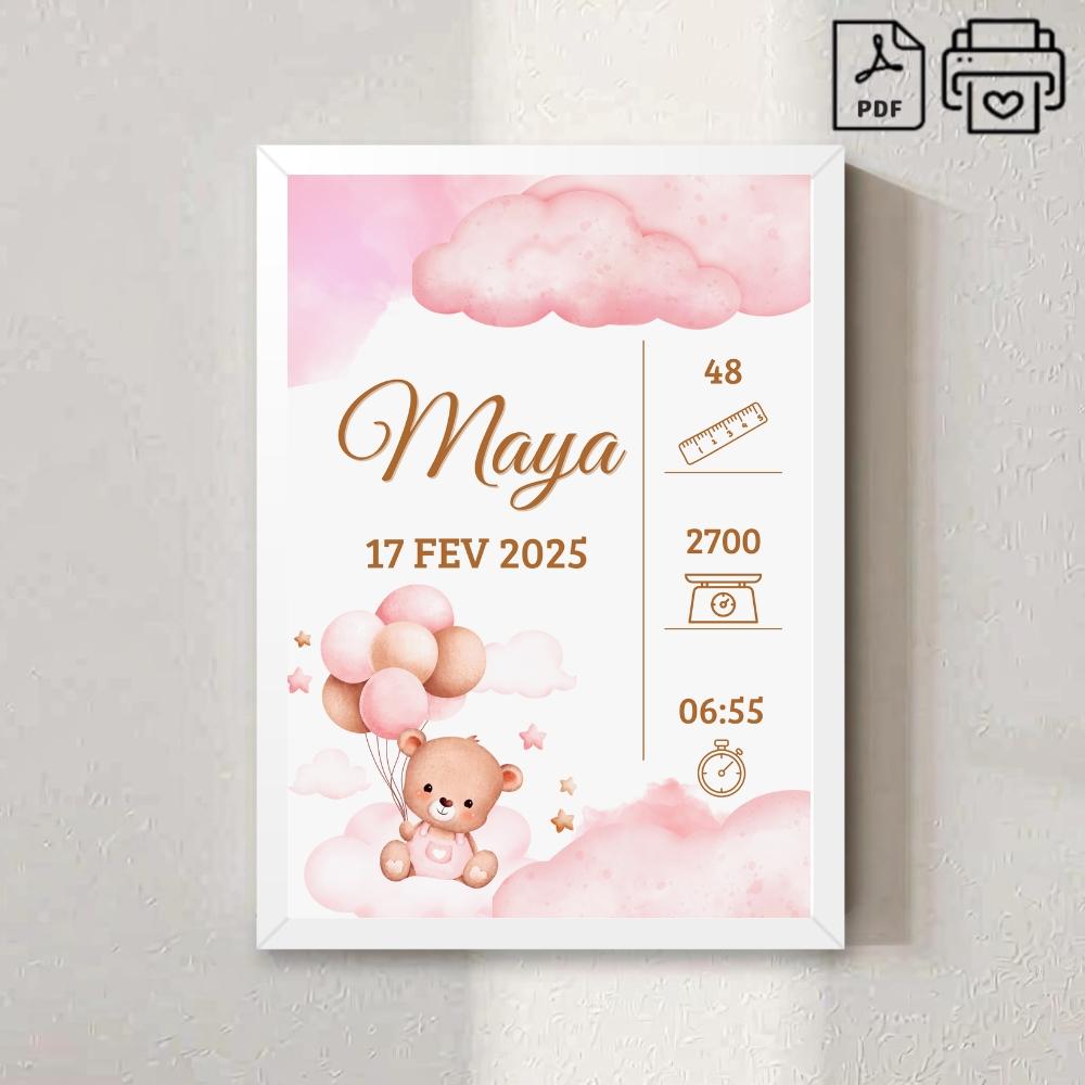 Quadro de Nascimento Personalizado Maya - Ursinha Balão Arquivo 