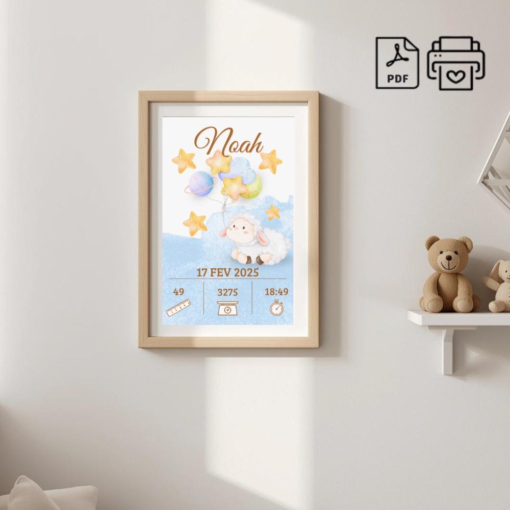 Quadro de Nascimento Personalizado Noah - Ovelhinha Arquivo Digit