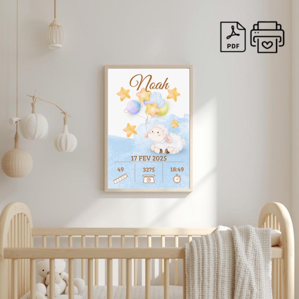 Quadro de Nascimento Personalizado Noah - Ovelhinha Arquivo Digit