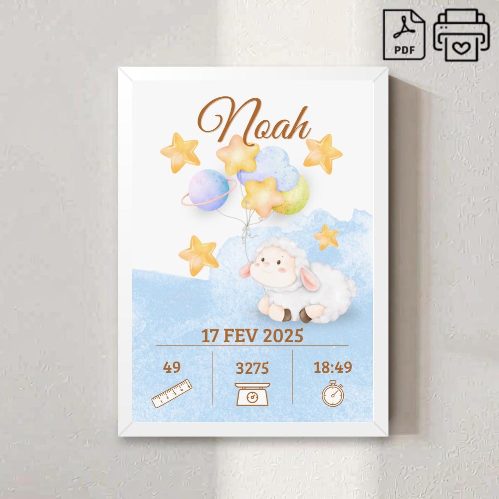 Quadro de Nascimento Personalizado Noah - Ovelhinha Arquivo Digit