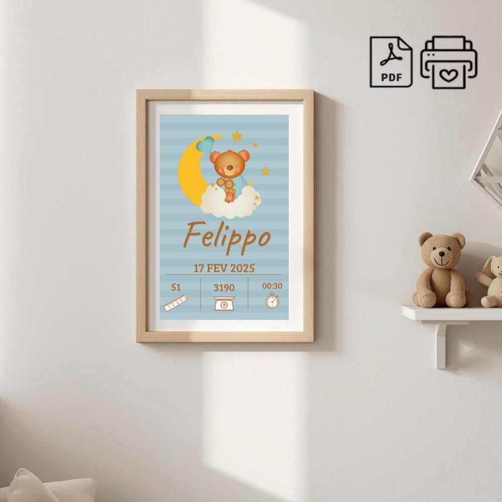 Quadro de Nascimento Personalizado Felippo - Ursinho Nuvem Arquiv