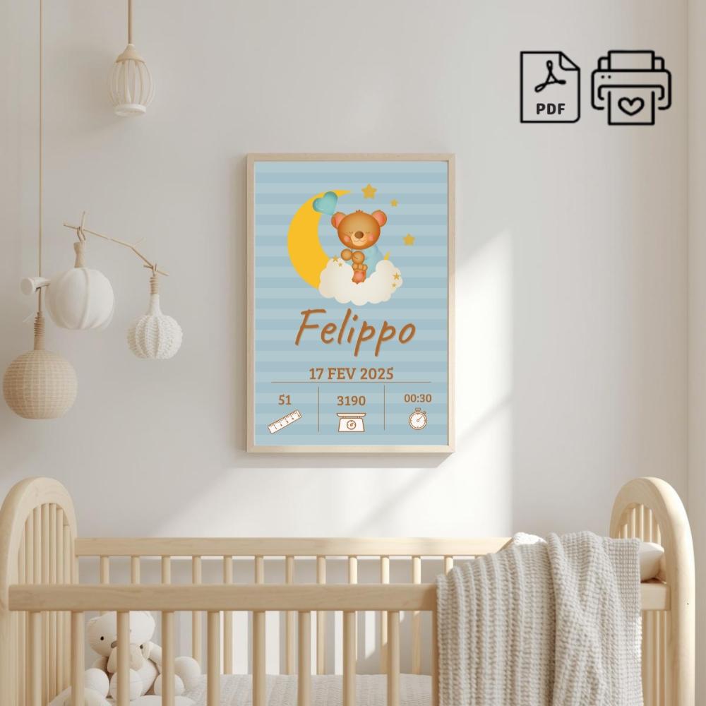 Quadro de Nascimento Personalizado Felippo - Ursinho Nuvem Arquiv