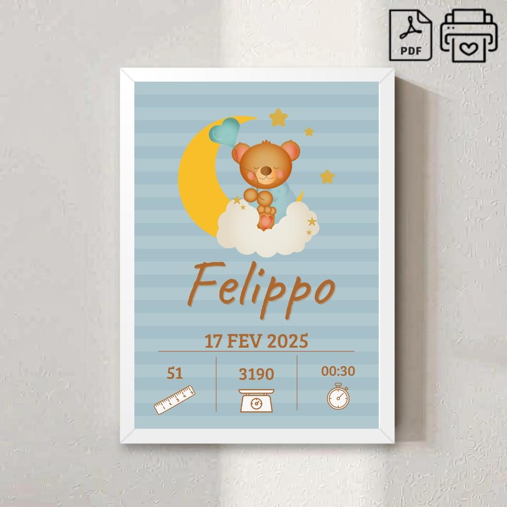 Quadro de Nascimento Personalizado Felippo - Ursinho Nuvem Arquiv