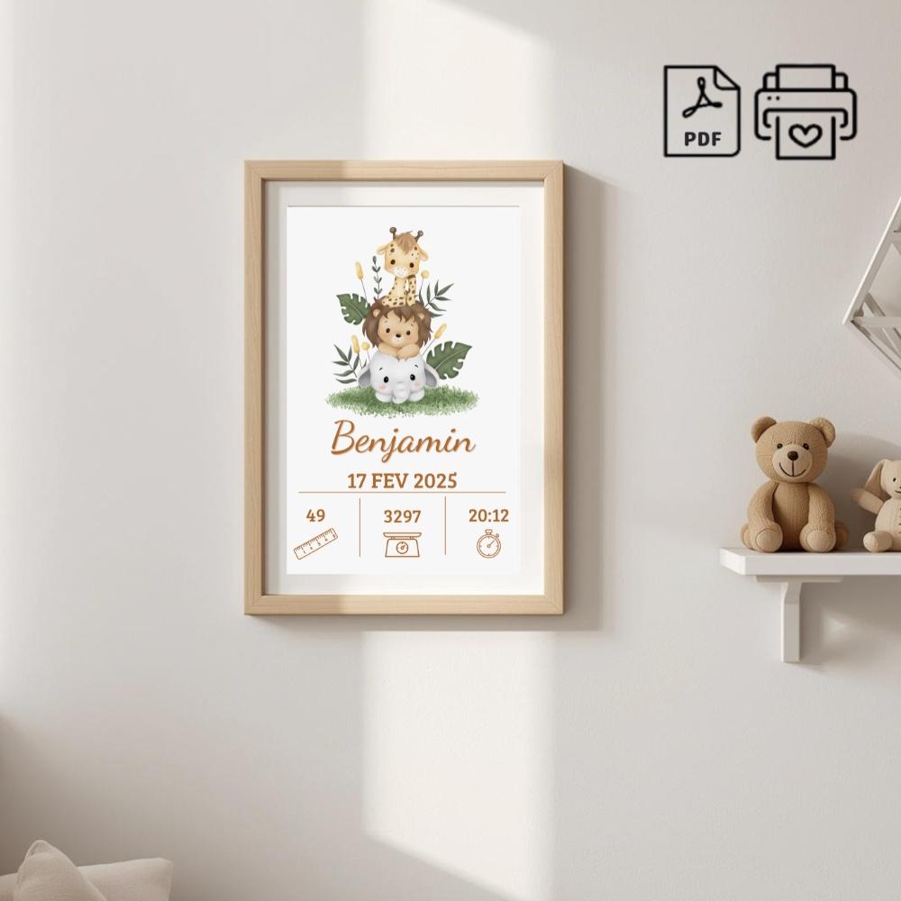 Quadro de Nascimento Personalizado Benjamin - Safari Arquivo Digi