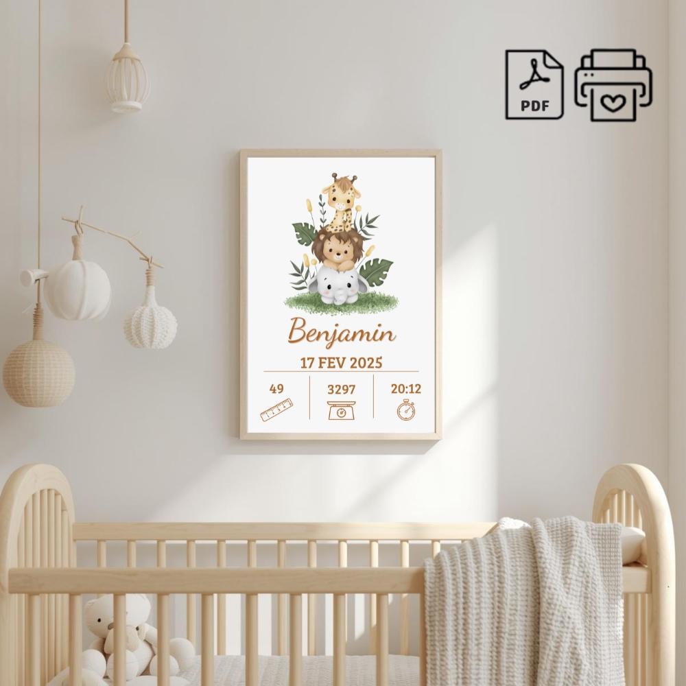 Quadro de Nascimento Personalizado Benjamin - Safari Arquivo Digi