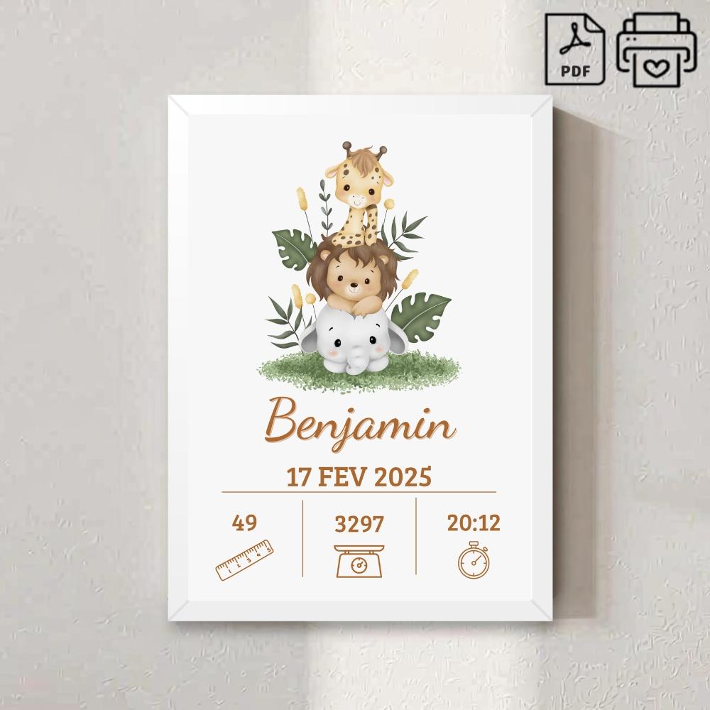 Quadro de Nascimento Personalizado Benjamin - Safari Arquivo Digi