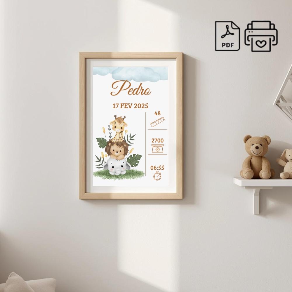 Quadro de Nascimento Personalizado Pedro - Safari Nuvem Arquivo D