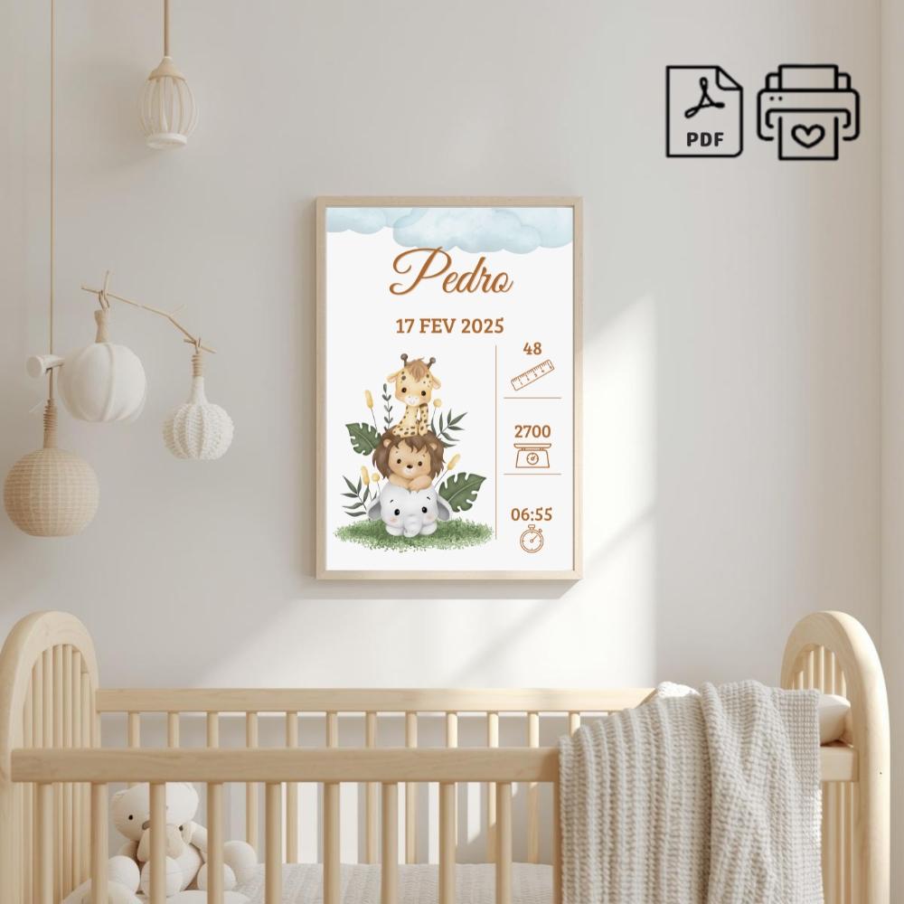 Quadro de Nascimento Personalizado Pedro - Safari Nuvem Arquivo D