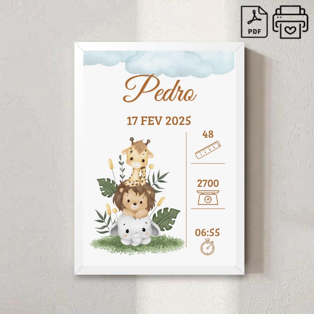 Quadro de Nascimento Personalizado Pedro - Safari Nuvem Arquivo D