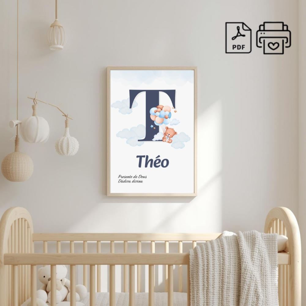 Quadro Significado Nome Personalizado Théo Ursinho Balão - Arqu