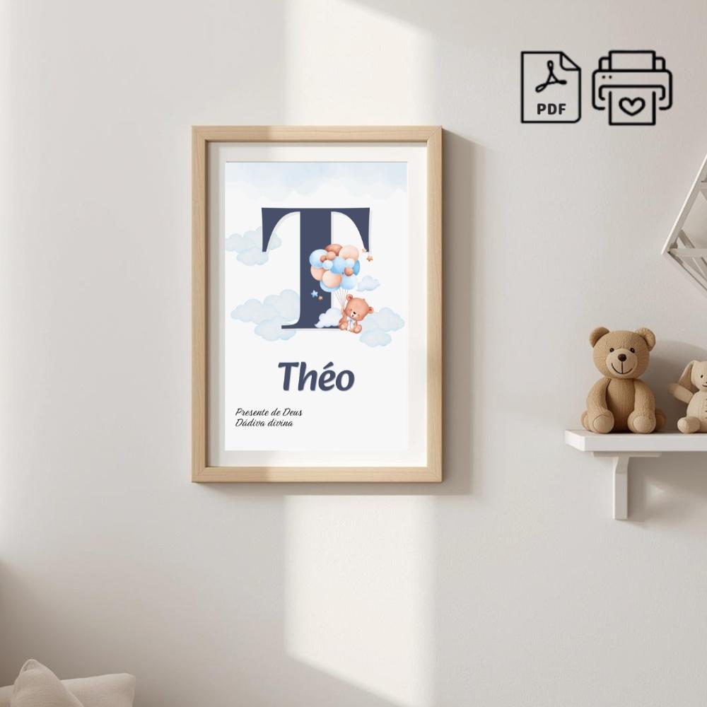 Quadro Significado Nome Personalizado Théo Ursinho Balão - Arqu