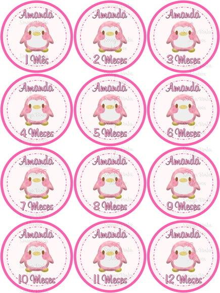Kit de Adesivo Mêsversário Pinguim Rosa