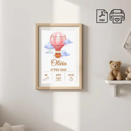 Quadro de Nascimento Personalizado Olívia - Balão Menina Arquiv