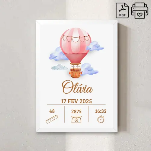 Quadro de Nascimento Personalizado Olívia - Balão Menina Arquiv