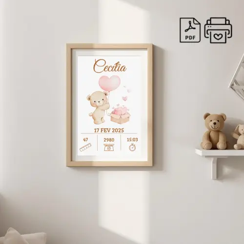Quadro de Nascimento Personalizado Cecília - Ursinha Arquivo Dig