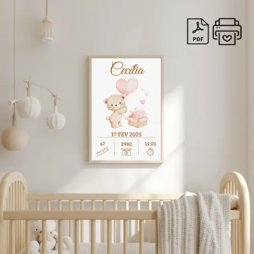 Quadro de Nascimento Personalizado Cecília - Ursinha
