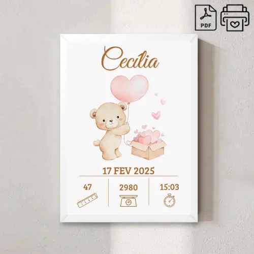 Quadro de Nascimento Personalizado Cecília - Ursinha Arquivo Dig