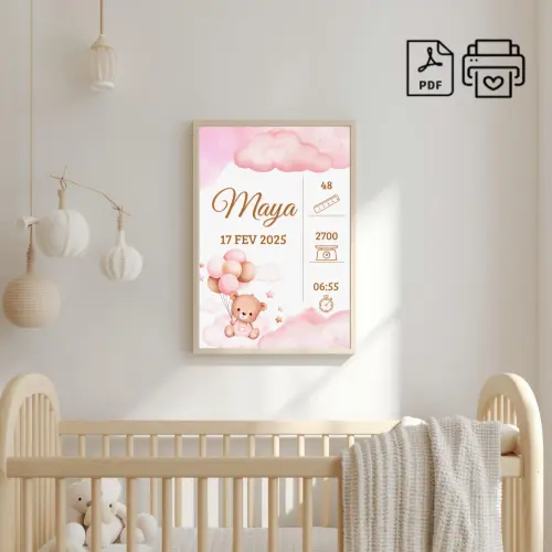 Quadro de Nascimento Personalizado Maya - Ursinha Balão