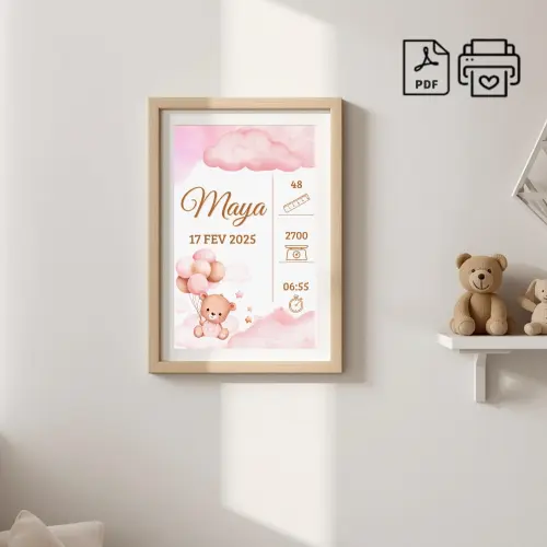 Quadro de Nascimento Personalizado Maya - Ursinha Balão Arquivo 