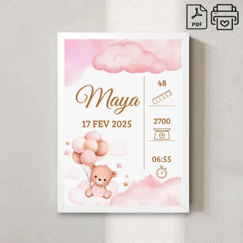 Quadro de Nascimento Personalizado Maya - Ursinha Balão Arquivo 