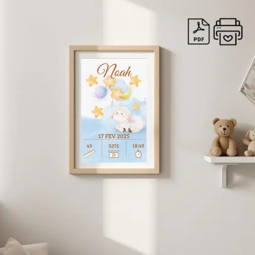 Quadro de Nascimento Personalizado Noah - Ovelhinha Arquivo Digit